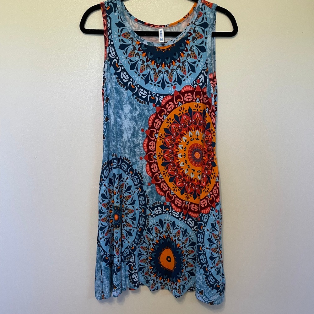 BOHO Mandala Print Sleeveless Pocket Tunic Dress Casual Chic Retro MED w Pockets